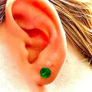 925 Sterling Silver Round 6MM Emerald Stud Earrings For Women