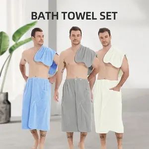 Men's Bath Towel Set, Water Absorbent Bathrobe, Wearable Bath Towel Set for Home Hotel Camping Two-piece coral fleece bath towel set for men