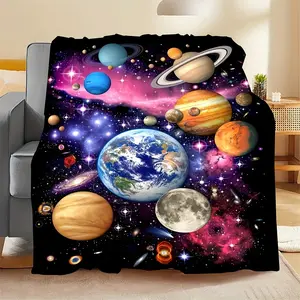 Contemporary Space-Themed Flannel Fleece Blanket - Machine Washable Geometric Planets Patterned Throw - Fantasy All-Season Multipurpose Knitted Sofa, Nap, Air Conditioning, Car, Camping Cozy Blanket with Polyester OCloud-soft, floral-printed, gold-trimmed