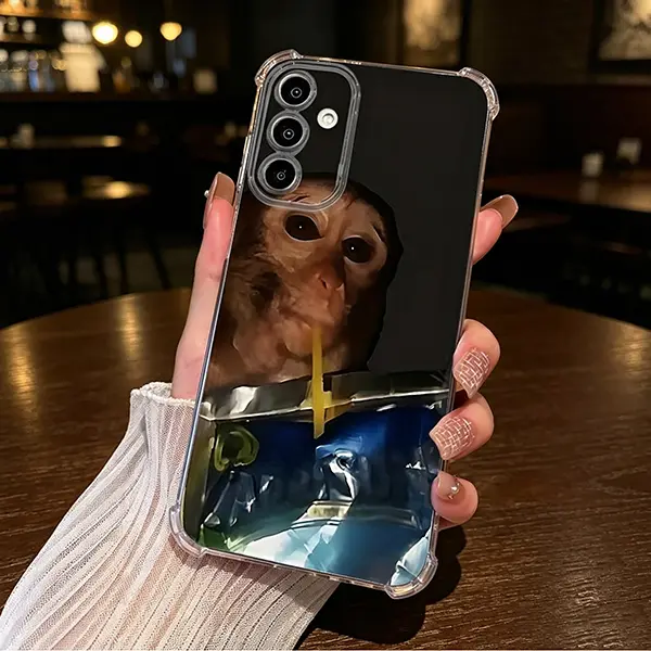 Viral Meme Monkey Sipping Caprisun Phone Case, Funny Trending Internet Meme Soft Clear Shockproof Anti‑Drop Protective Cover, Meme Lover Gift For Samsung Galaxy A14 A15 A16 A25 A26 A34 A35 A36 A53 A54 A55 A56 4G 5G