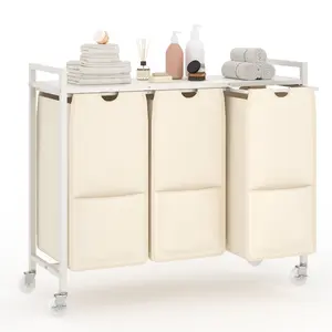 Laundry Sorter with Wheels, 3-Section Rolling Hamper with Removable Pull-Out Fabric Bags – Rustic Brown Black Iron Frame, 100lb Capacity Top Shelf for Bedroom & Laundry Room Organization