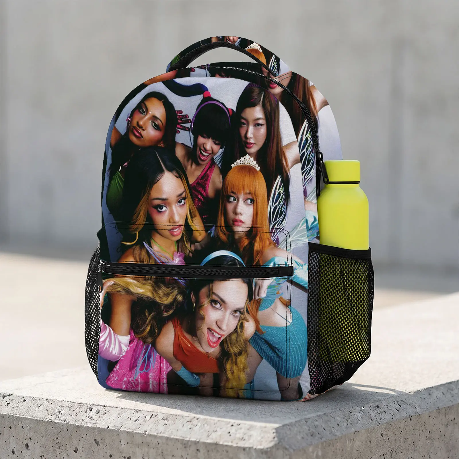 Katseye Cute Cartoon Backpack 17-Inch | Kawaii Printed School Bookbag | Large Travel Daypack with Water Bottle Holder for Teens Kids