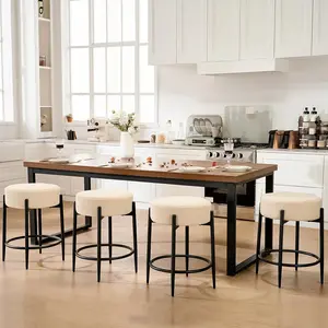 【Dealsforyou】COMHOMA Modern Dining Chairs Set of 4, 23.6" Beige Round Backless Boucle Sherpa Upholstered Dining Chair with Solid Metal Legs for Kitchen, Living Room