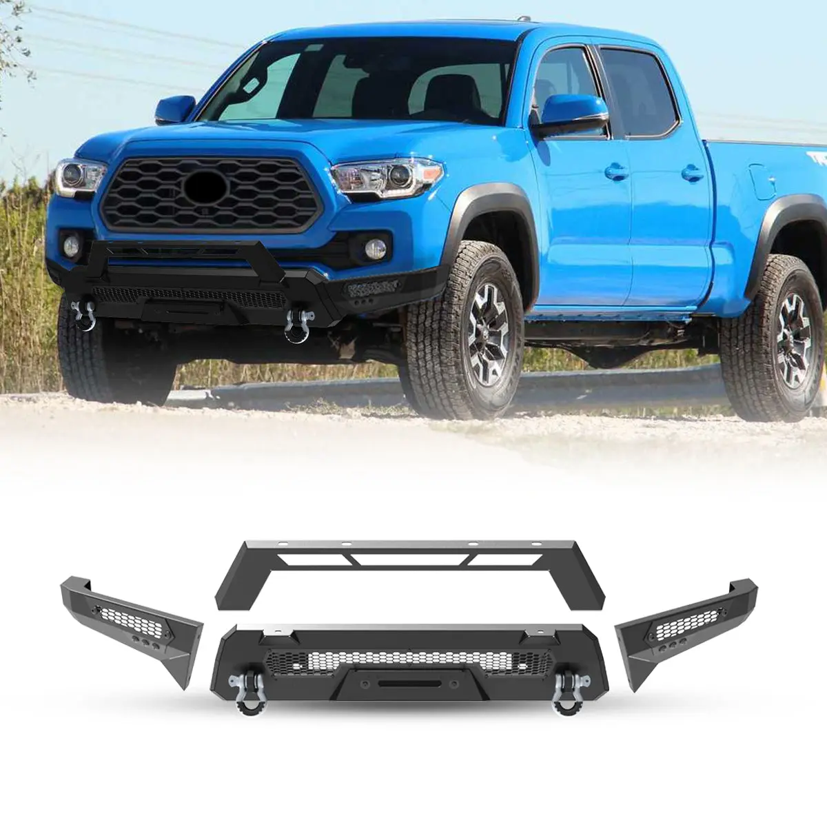 WOLFSTORM Front Bumper, 3-Piece Modular Design with Bull Bar-3a, Customizable Heavy-Duty Steel Auto Replacement Part Compatible with 2016-2023 Toyota Tacoma
