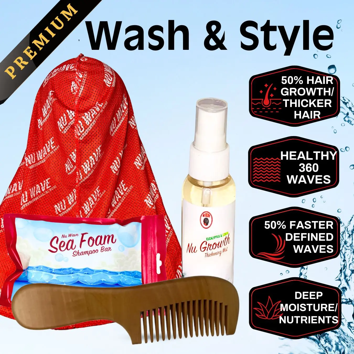 Wash & Style PREMIUM Pack (Sea Foam White Soap Bar, Red Mesh Durag, Mini Nu Growth Thickening Mist, Wooden comb) Gel Haircare