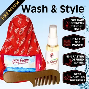 Wash & Style PREMIUM Pack (Sea Foam White Soap Bar, Red Mesh Durag, Mini Nu Growth Thickening Mist, Wooden comb) Gel Haircare