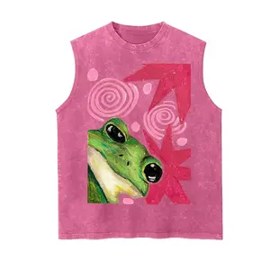 Retro Oil Painting Frog Y2K Aesthetic Tank Top, Vintage Washed Sleeveless Tee, Whimsical Green Frog with Pink Swirls Graphic Shirt