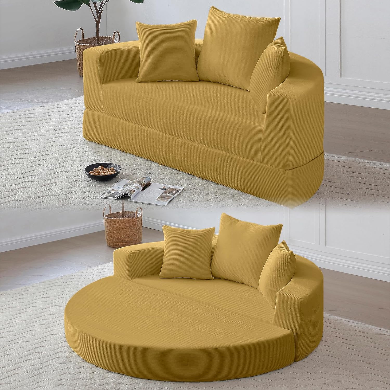 Round Convertible Sleeper Sofa Bed Folding Couch Chenille Foldable Floor Couch Bed with Armrest and Pillows, 67" Boneless Sofa Sleeper for Living Room, Apartment, Dorm, Small Spaces