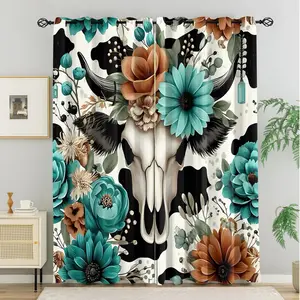 Two Pieces of Curtains Boho Western Longhorn Skull Wall Art Print Curtains, 2pcs Set, Featuring Vibrant Floral Teal and Burnt Orange Botanical Patterns on Durable Fabric, Modern Rustic Aesthetic for Living Room, Bedroom, and Home Decor, Easy Hanging