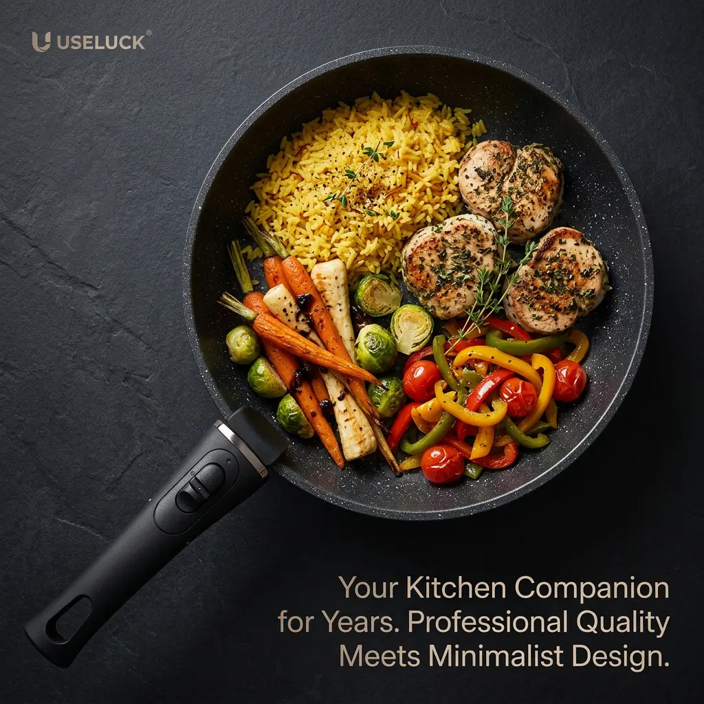 USELUCK 26cm Black Granite Non-Stick Stir-Fry Pan with Lid, Handle, Deep Skillet Design, Easy-Clean Everyday Cookware for Frying, Simmering, Black Granite Non-Stick Skillet