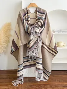 Boho Style Women's Striped Print Scarf Cape, Soft Warm Wrap for Fall Winter, Fashion Accessory for Daily Wear, Casual Comfortable Outerwear