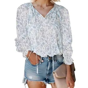 ZEAGOO DealsForYouDays Womens Boho Floral Printed Blouse Dressy Tops Drawstring Casual V Neck Lantern Long Sleeve Shirts