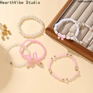 6Pcs Y2K Bow & Heart Glass Bead Faux Pearl Bracelet Set for Women