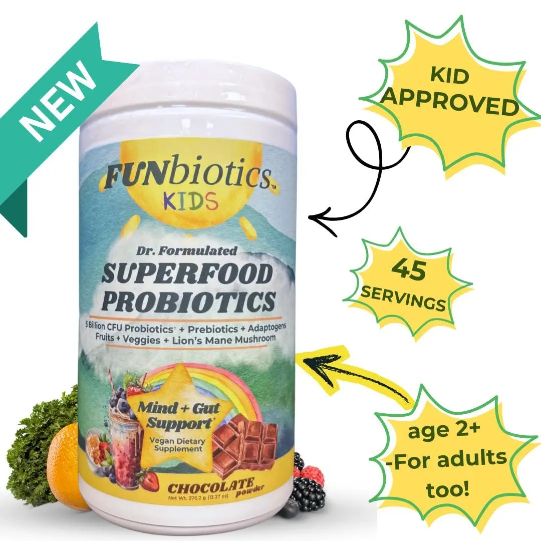 Kids Probiotics - Dr. Formulated Superfood Probiotic Powder - 5 Billion CFU with Prebiotics + Adaptogens + Lion's Mane | Children's Natural Mind & Gut + Immune System Support | Sugar-Free I Chocolate