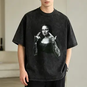 Men's Vintage Washed T-Shirt Mona Lisa With Tattoos And Peace Signs Oversized Graphic Tee Outdoor Casual Short Sleeve
