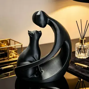 Modern Abstract Human and Cat Sculpture, Art Desktop Decor, Home Living Room Office Shelf Display, Pet Theme Atmosphere Decoration