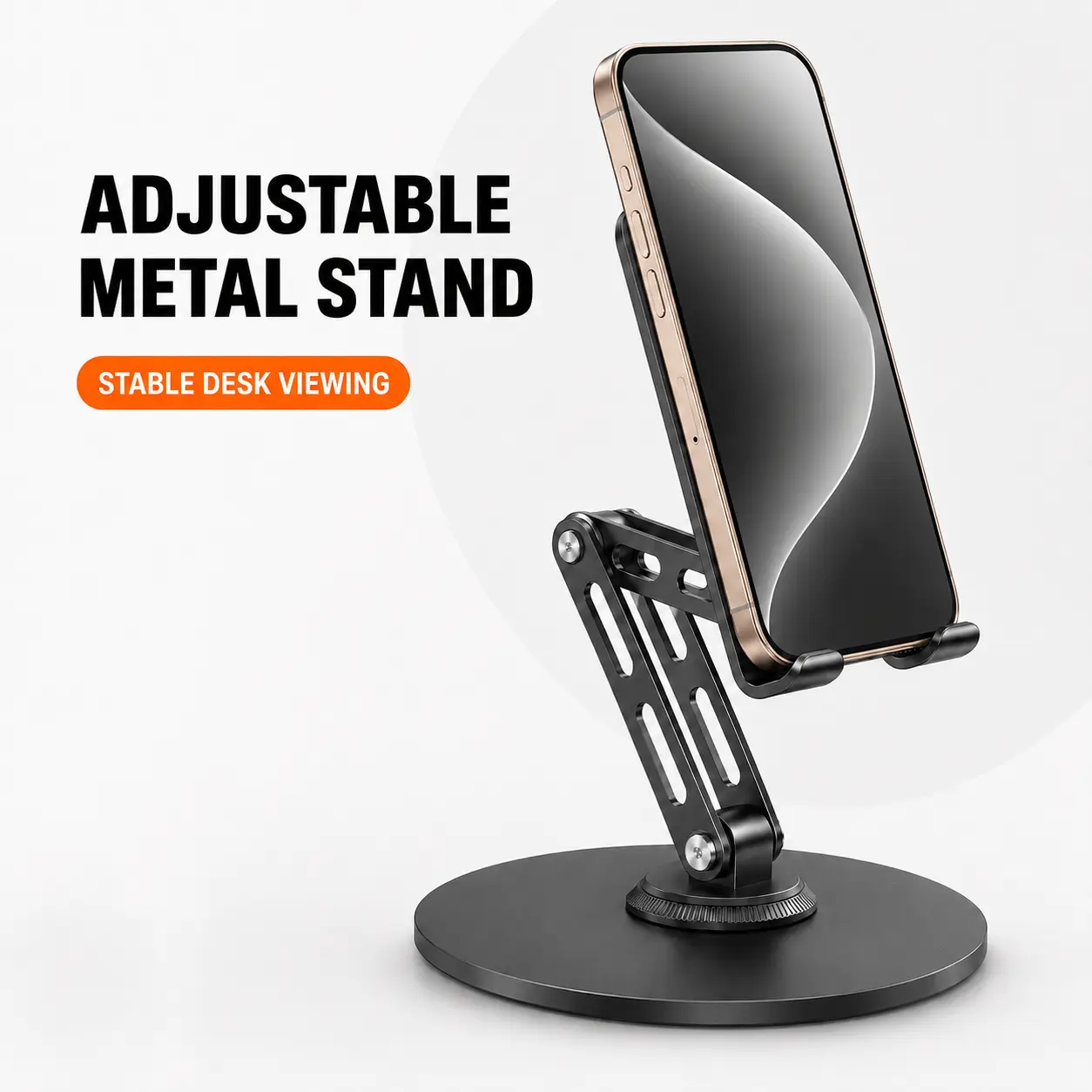 Adjustable Metal Desk Phone Stand, Foldable Dual-Axis Rotating Cell Phone Holder with Anti-Slip Pads for Video Calls, Office, Bedside Use