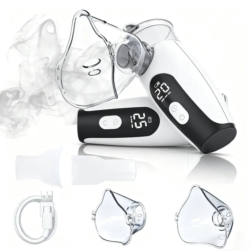 Portable Nebulizer Machine (Smart Digital Display) - For Adults & Kids, Mouthpiece + Mask, Handheld for Home & Travel Breathing Needs