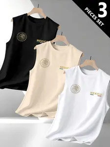 Men's 3-Piece T-Shirt Set, Casual Round Neck Vest Top, Creative Vintage Mexico Emblem Graphic Print Design, Perfect for Summer Daily Wear
