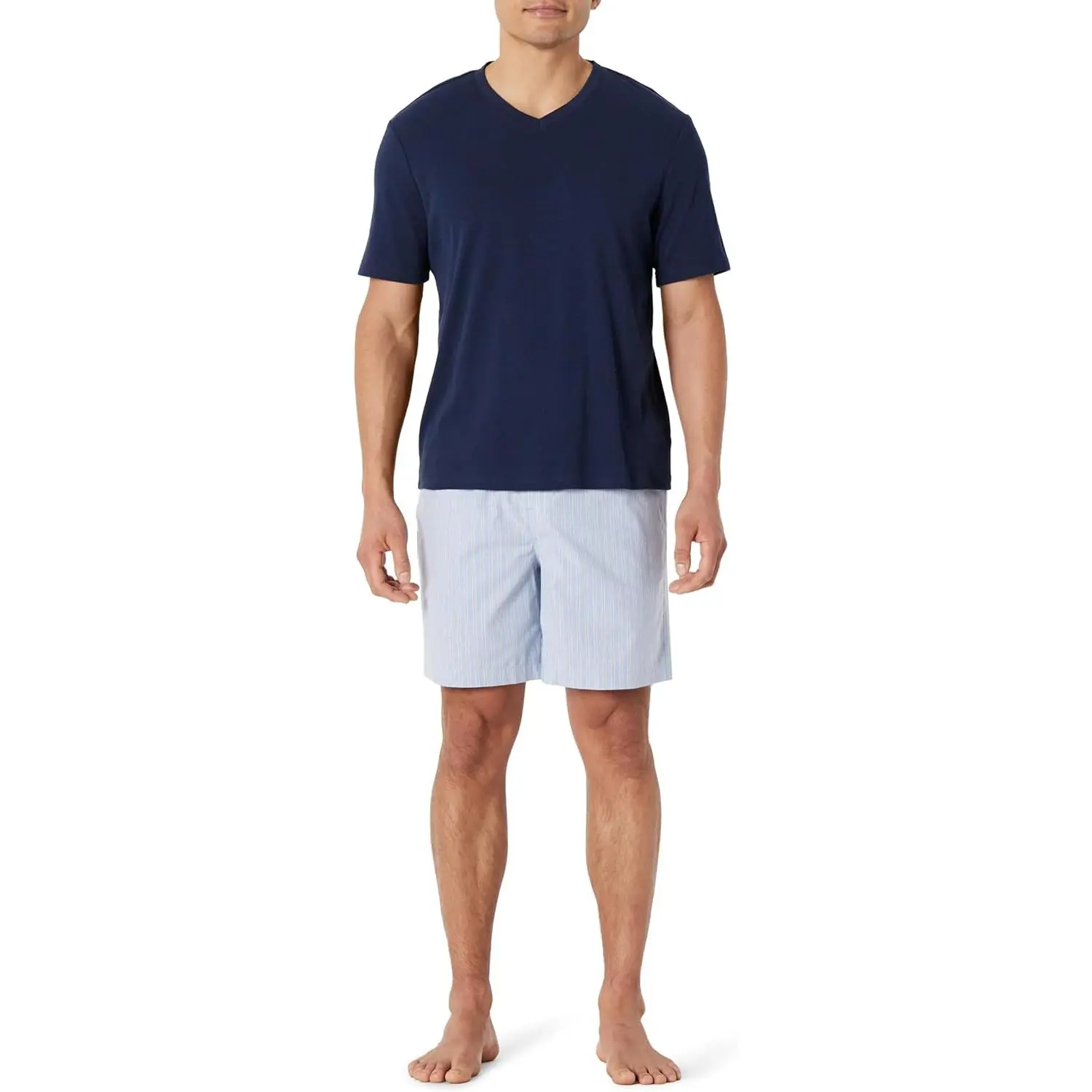 Menswear 2-Piece Small Short-Sleeve V-Neck T-Shirt & Relaxed-Fit Cotton Stretch Poplin Shorts Pyjamas Set for Lounge & Sleep, Shortsleeve