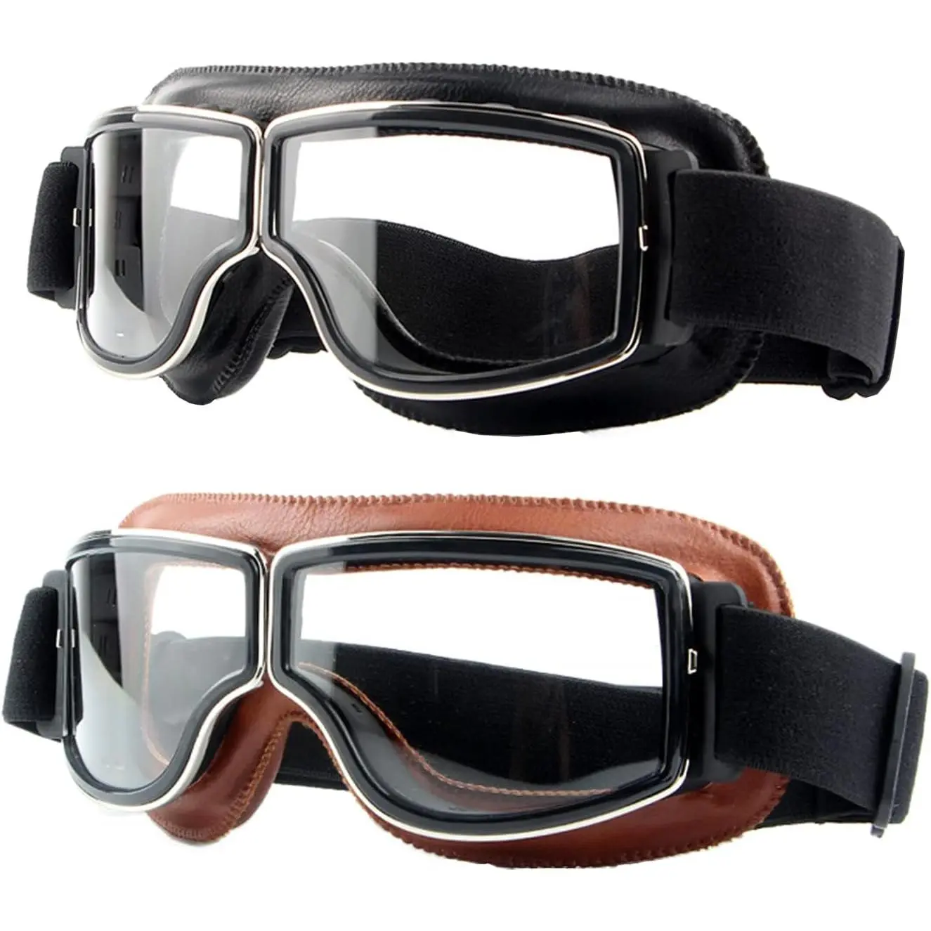 Motorcycle Goggles,2 Pack Vintage Anti Fog Pilot PU Leather Glasses Dustproof ATV Off Road Motorbike Helmet Eyewear Protect for Ridding Motorcross Classes Aviator Goggles for Men Women Adult