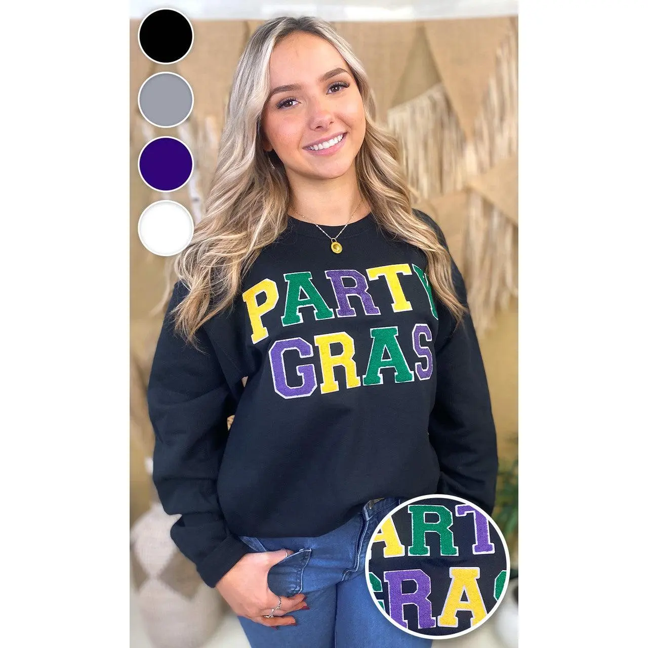 Women's Soft Basic Cotton Round Neck Long-Sleeve Top - Casual Chenille Graphic Pullover, Party Gras Wear, Fitted for Most Body Types