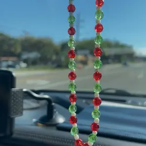 Handmade Mexico Flag Rear View Mirror Car Charm. Red, Green & White 8mm Beaded Car Accessory with Spring Clasp.