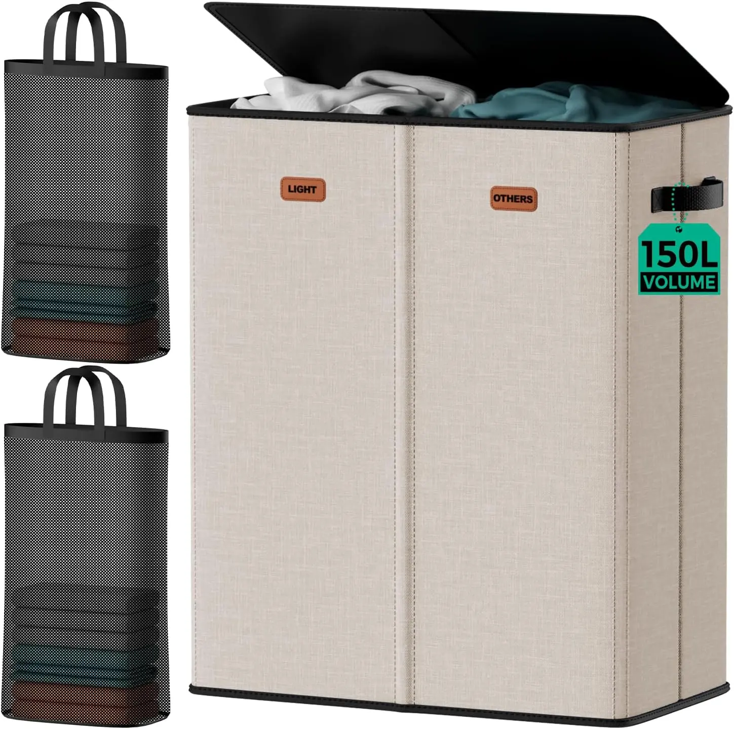 150L 2-Section Laundry Hamper with Lid, Double Compartment Clothes Basket with Removable Bag