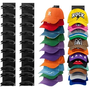 Hat Hook for Wall, 2 Pack Hat Organizer Hold up to 20 Hats, Hat Rack for Wall with Strong Adhesive, Hat Rack for Door Closet, Multi-Tier Hat Organizer, Two Mounting Options (Black)