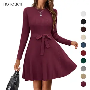 HOTOUCH Women's Long Sleeve Dress Crewneck Pullover Sweaters A-Line Casual Swing Dress Bodycon Dress with Belt Fall&Winter New Arrivals