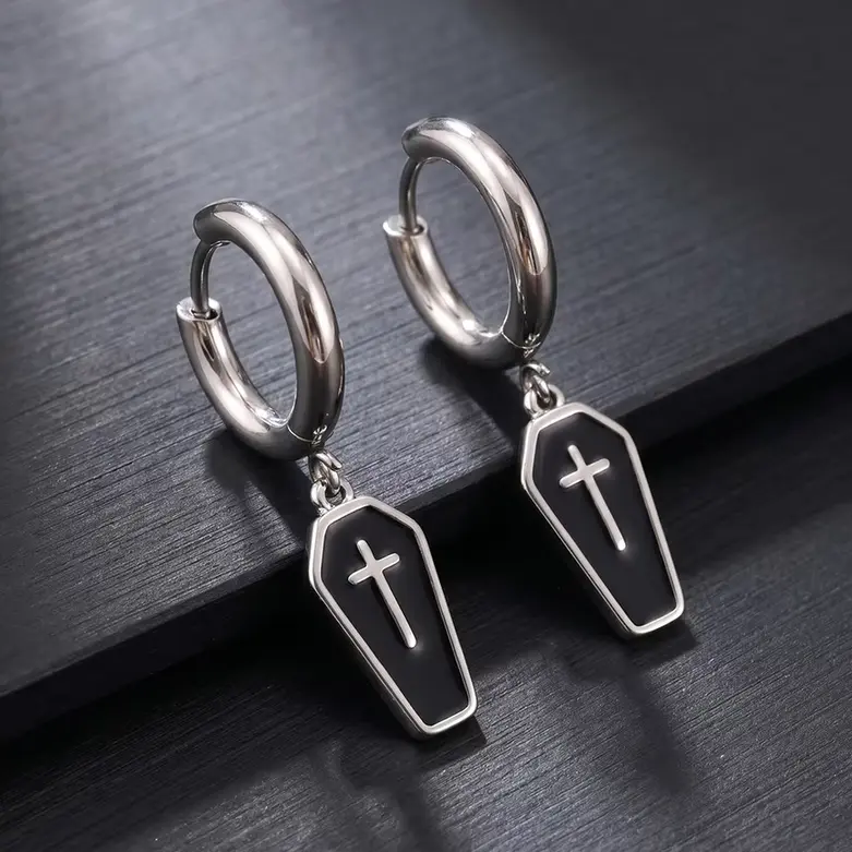 Quality Stainless Steel Coffin Cross Design Hoop Drop Earrings