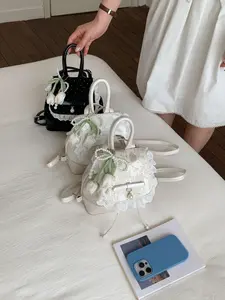 2026 Summer New Cute Bowknot Backpack with Pendant, Lace Trim High-Profile Handbag, PU Leather, All Seasons, Stylish and Trendy