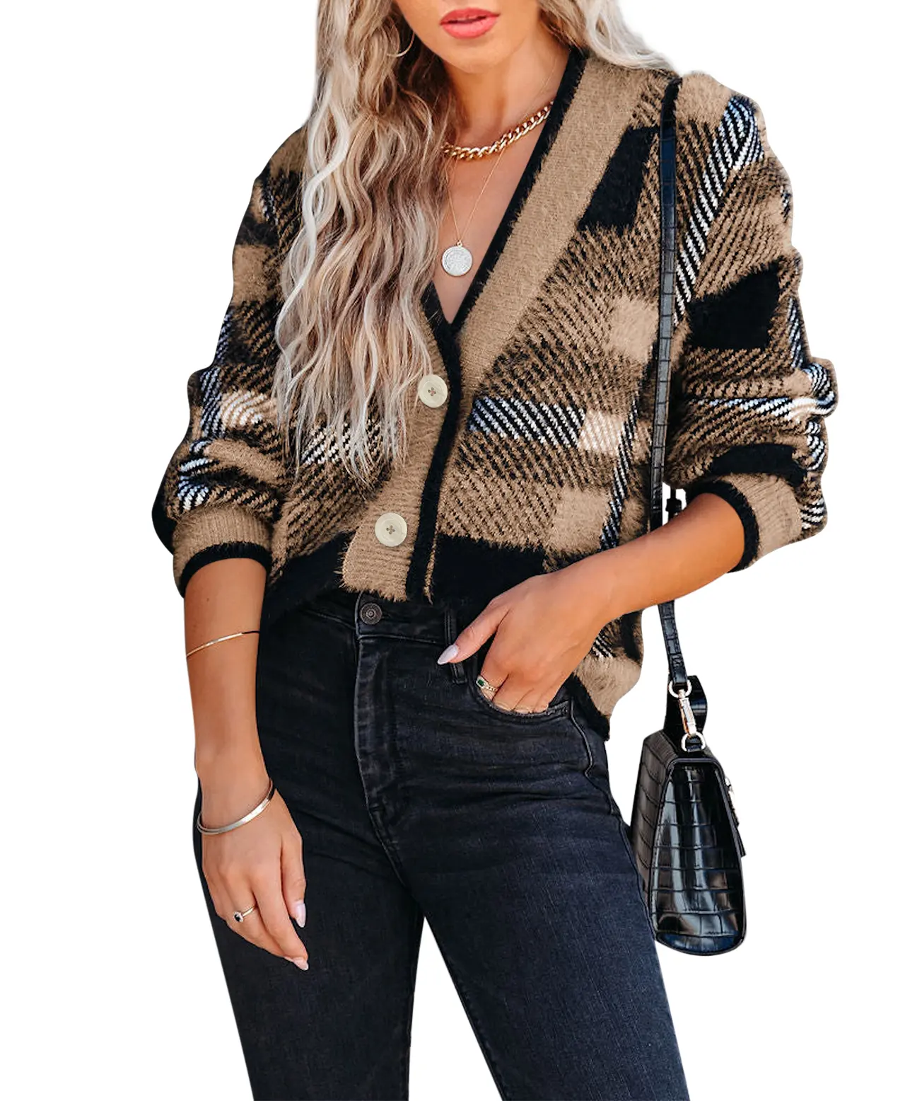 Womens Oversized V Neck Cardigan Sweater Casual Long Sleeve Plaid Fuzzy Button Down Knit Pullover Sweaters