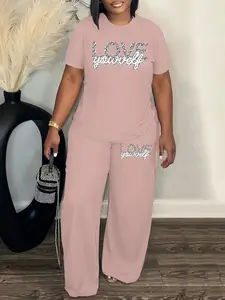 Women's Fashion Statement Leopard Print Love Letter Printed Short Sleeve Top Pocket Wide Leg Pants Two-Piece Set, Casual All-Season Fitted Outfit