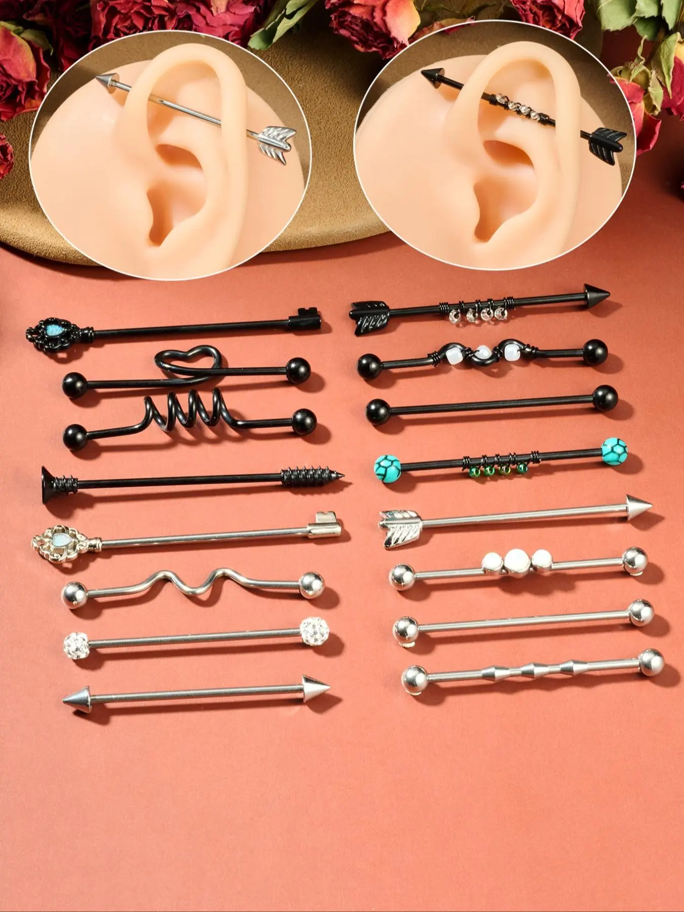 8Pcs Punk Styles 14G Stainless Steel Industrial Barbell Earring Cartilage Stud Body Piercing Jewelry 38mm 1&1/2 Inch Industrial Piercing Bar Halloween Gift