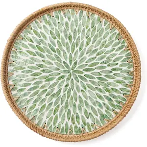 Round Rattan Serving Tray - Checkered Rustic Traditional Design, Mother-of-Pearl Inlay, Wooden Base, BPA-Free Plates Compatible Wicker Kitchen Tray for Tea, Snacks