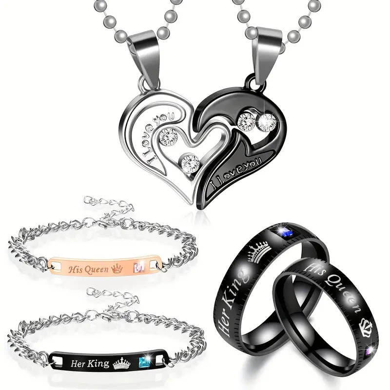 6Pcs Elegant Romantic Accessories Chain Necklace Set - Matching BF & GF Jewelry Set with Love Heart Pendant, Bracelet, Ring, Female Cubic Zirconia GF Gift for Anniversary, Valentine's Day