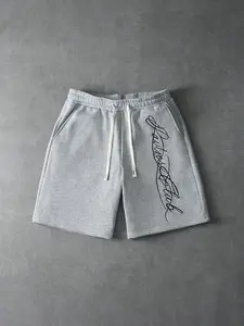 Men's Stylish Grey Shorts Featuring Artistic Handwritten Design, Elastic Drawstring Waist, Graphic Shorts, Perfect for Casual Street Style and Summer Activities