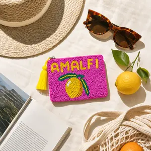 Amalfi Pink Beaded Coin Pouch with Yellow Tassel and Lemon Design Perfect for Beach and Travel Accessories