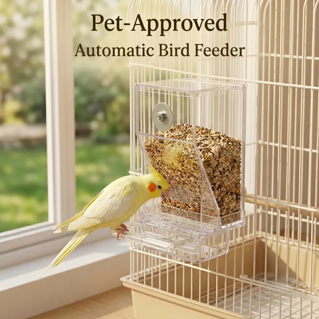 Upgraded Automatic Bird Feeder for Parrots Cockatoos Canaries - Transparent Acrylic Bird Cage Food Dispenser, Durable Easy to Use Bird Feeding Station