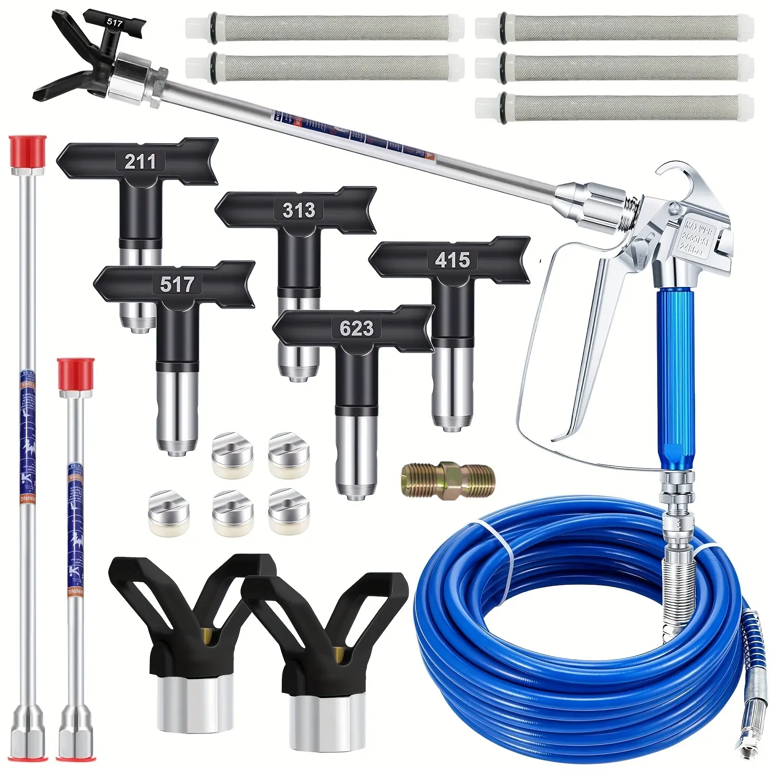 17Pcs Airless Paint Sprayer Gun Kit for DIY, 3600PSI Airless Spray Gun with 32Ft High Pressure Hose & 5Pcs Reversible Spray Tips & 2Pcs Extension Rod & 5Pcs Filters & 2Pcs Nozzle Seat & 1Pcs 1/4-inch double-ended nipple