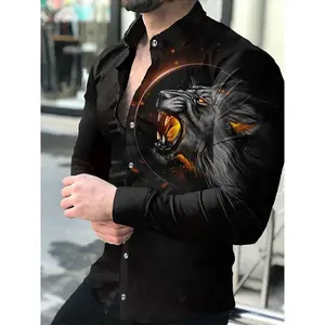 European American Men's Animal Printed Fitted Long Sleeve Shirt Spring Autumn Casual Top Wetsuit A-33 Menswear