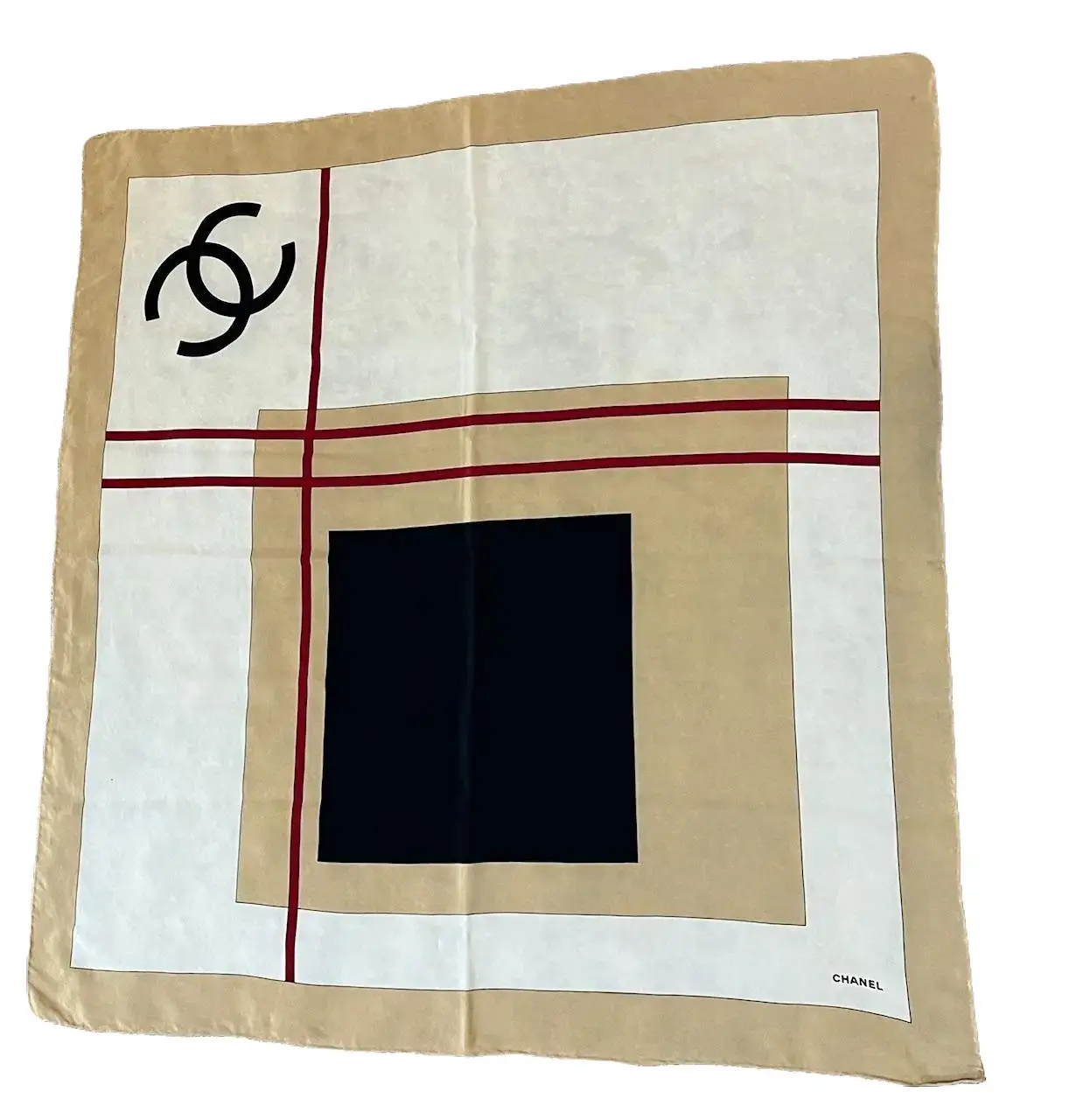 Pre-owned CHANEL silk Bag Accessories Beige Black Red Logo Modern Design Scarf