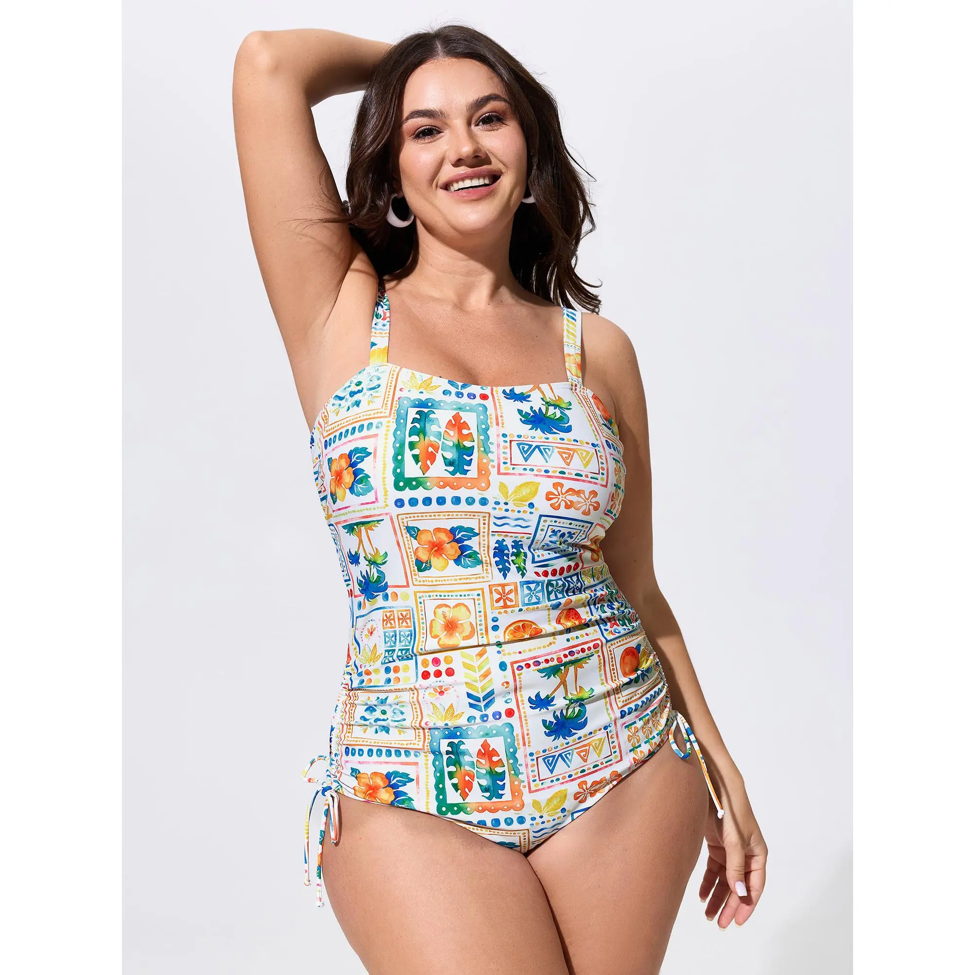 BLOOMCHIC Plus Size Majolica Print Drawstring One-Piece Swim [M-6X]2026 ,Summerfinds