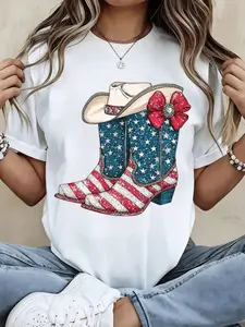 Women Round Neck T Shirt Patriotic Cowboy Boots And Hat With American Flag Design Short Sleeve Casual Summer Top For Independence Day Celebration