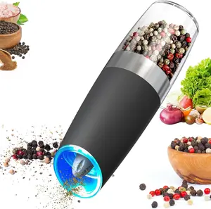 ONESHOW Gravity Electric Salt & Pepper Mill Set - Adjustable Coarseness, Battery Operated, Portable One-Hand Pepper Mill with LED Light, Stainless Steel & Ceramic, Transparent Container, Perfect for Kitchen & Outdoor Use - Christmas Gift