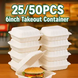 25/50Pack, Disposable lunch boxes, Clamshell Take Out Food Containers, To Go Containers, 6X6in, Hamburger box, takeaway box, fresh-keeping box