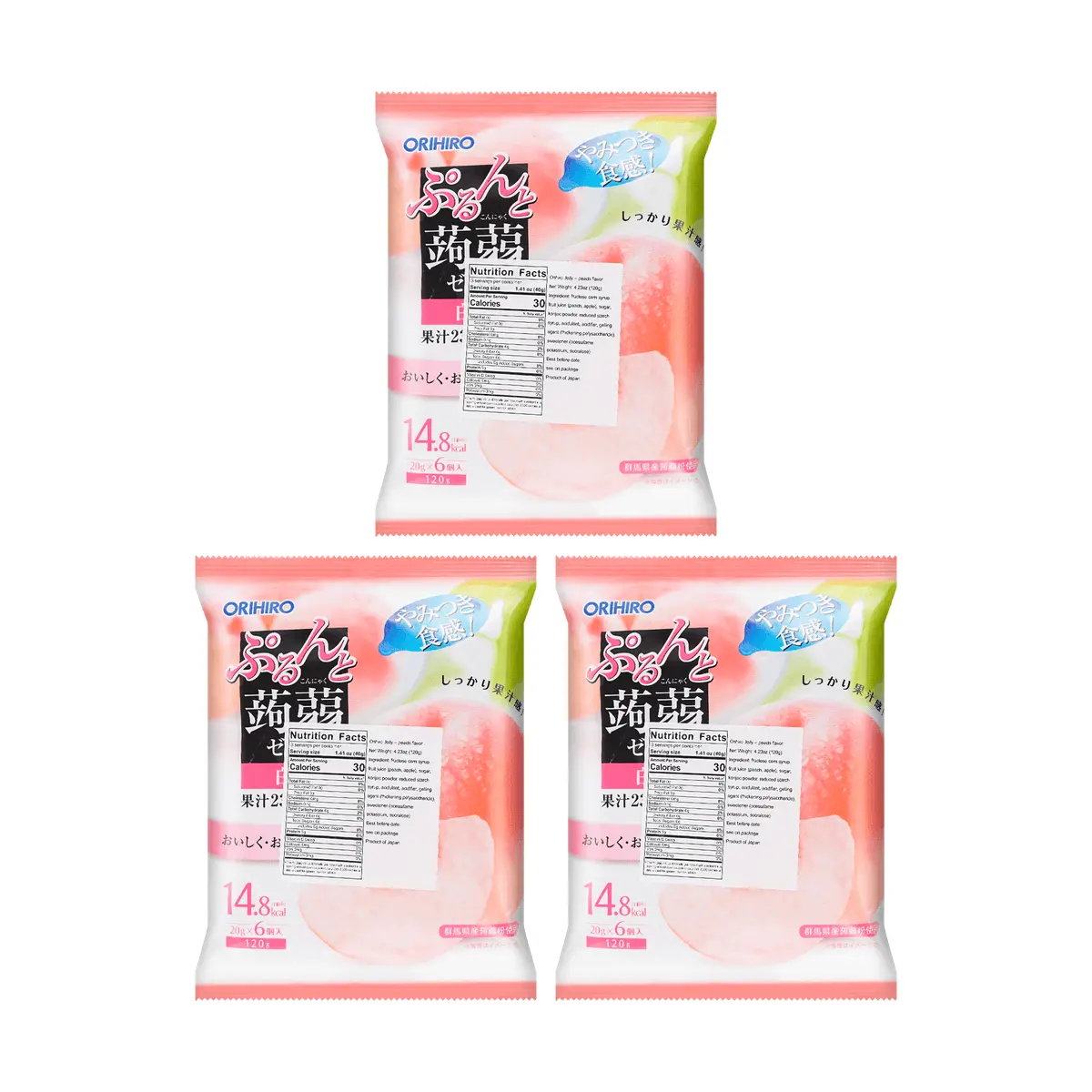 ORIHIRO Konjac Jelly Peach Flavor - Low Calorie, High Fiber Diet Snack, 6 Pieces x 3 Packs (18 Total)