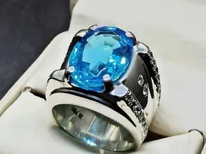 Oval Cut 16 Carat Deep Blue Lab Topaz Sterling Silver 925 Handmade Men's Heavy Channel Set Ring