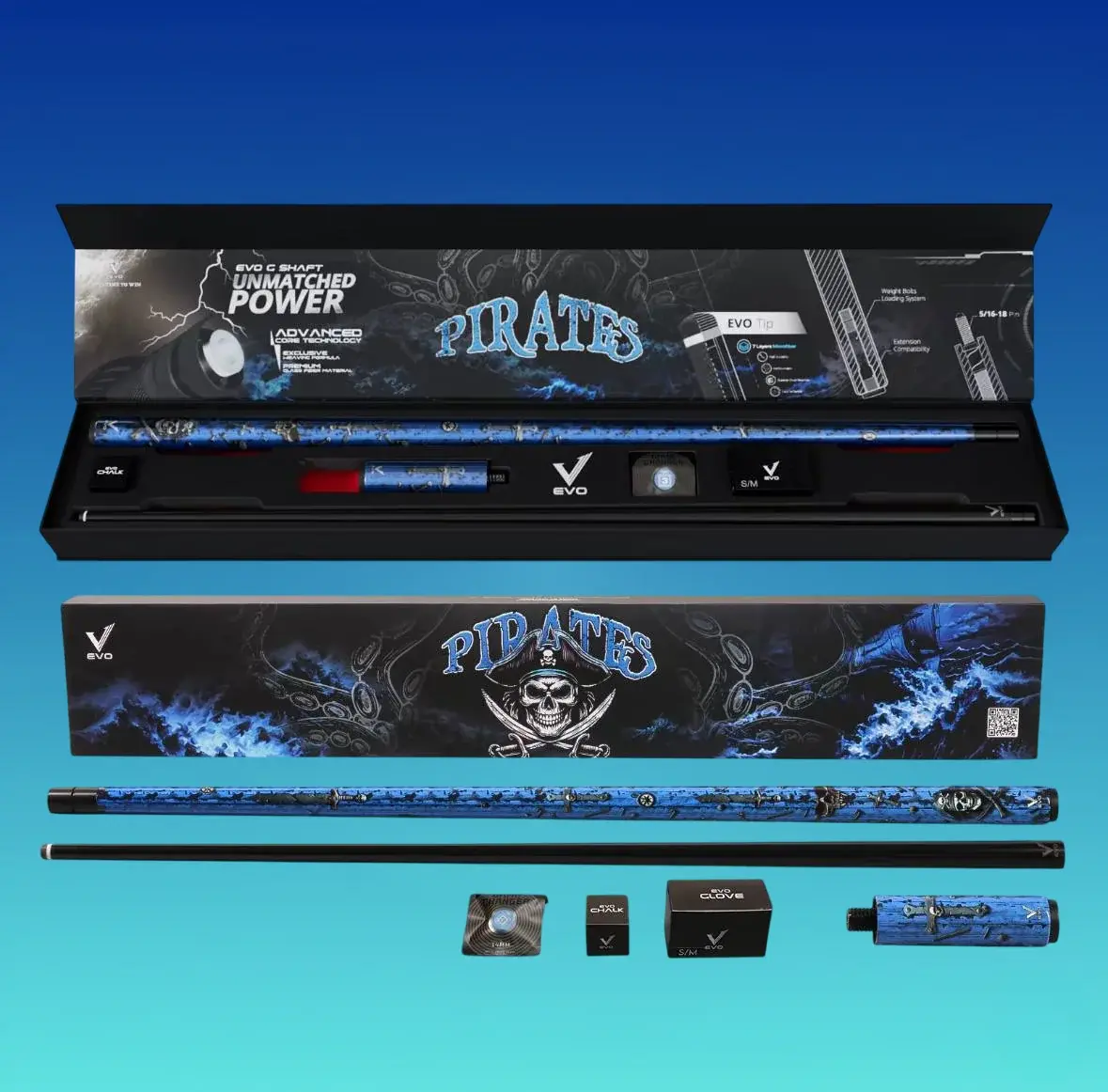 EVO Pirates Maxbing Edition: Sea Wrath Pro Cue Kit — Glassfiber + Carbon, 12.5mm EVO Tip, 29" Shaft & Butt, 19–19.5oz, Wrapless Grip, 5/16-18 Joint, Complete Player Package